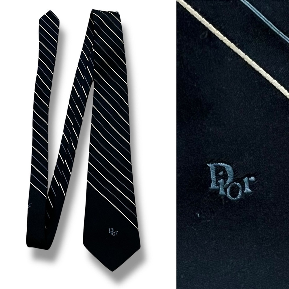Vintage Christian Dior Neck Tie Navy Striped Embroidered Logo Preppy Classic